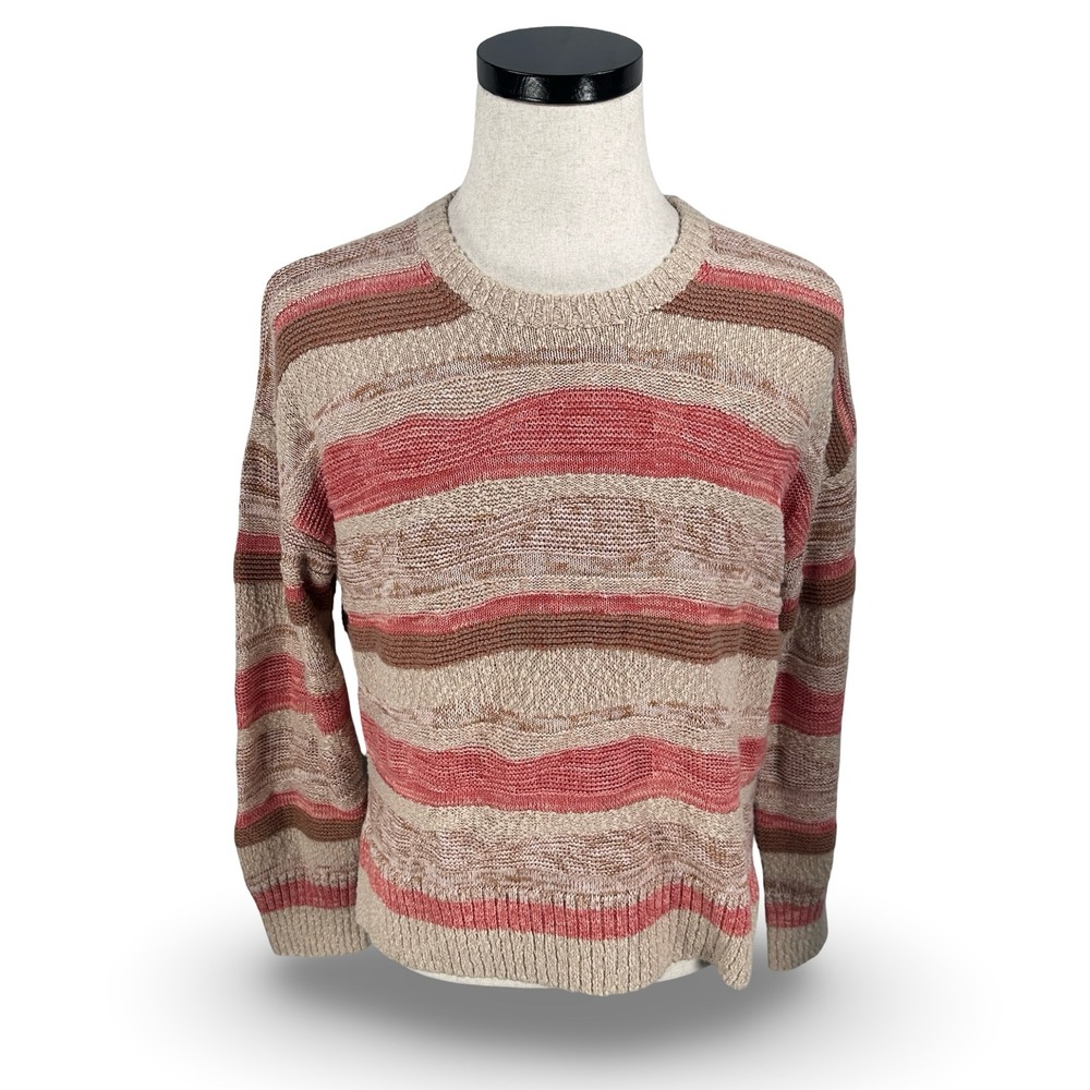 Faherty Miramar Sweater Women's Medium Tan Pink Striped Cotton Linen Slub Knit